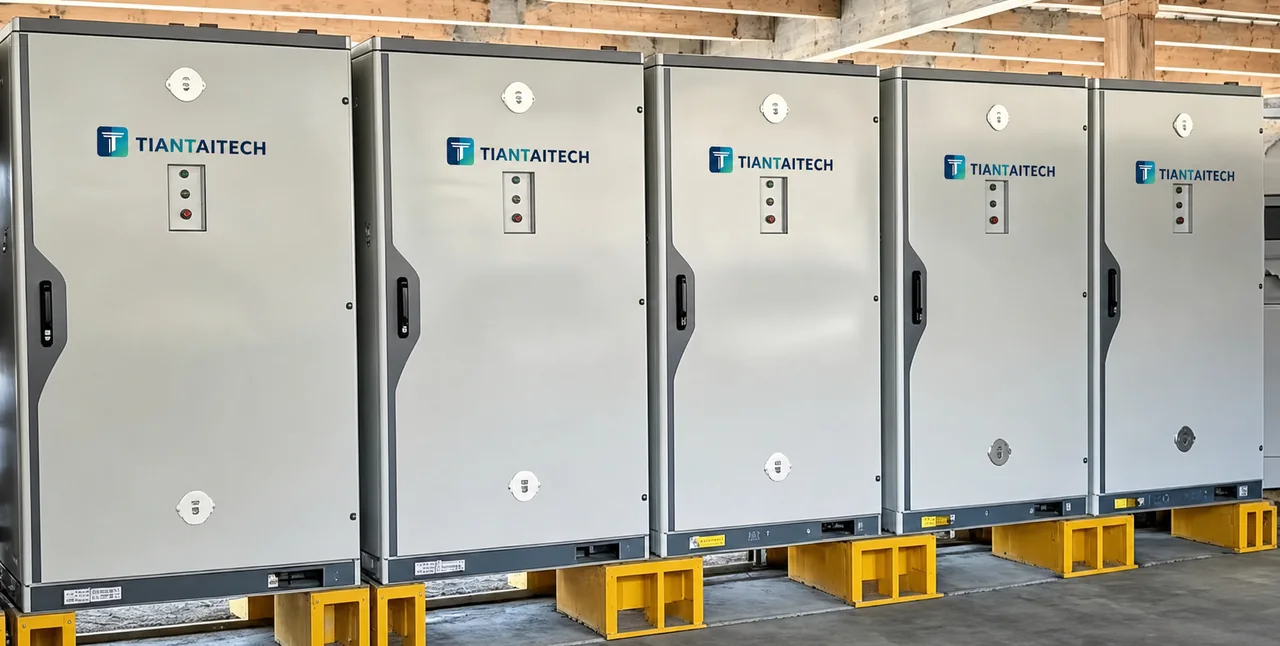 Row of TiantaiTech commercial battery storage cabinets in an indoor project environment