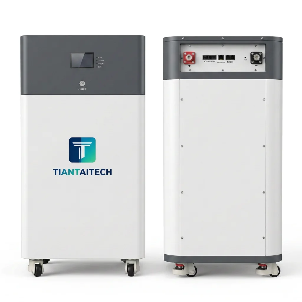 Front and rear views of a TiantaiTech residential battery cabinet